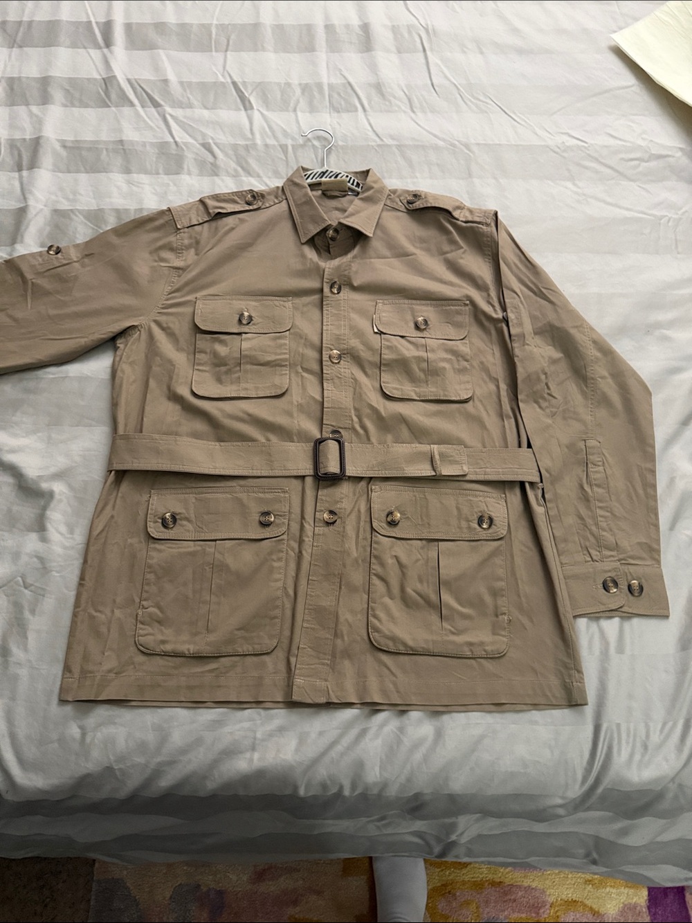 Men Tag Beige Military Field Jacket with Belted Waist